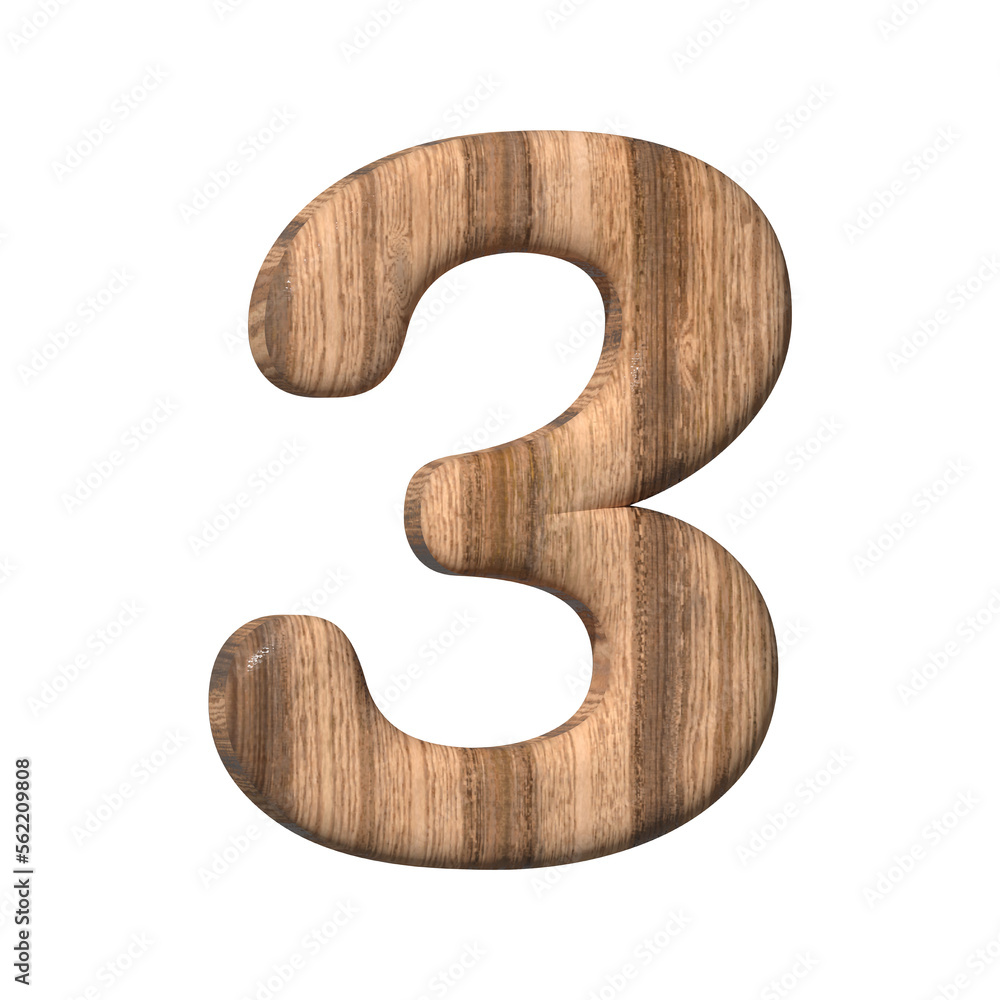 Wooden number 3 on a white background. 3d rendered digit three with brown wood texture. 3d illustration. 3d rendering Wooden number 3 on a white background. 3d rendered digit three with brown wood texture. 3d illustration. 3d rendering