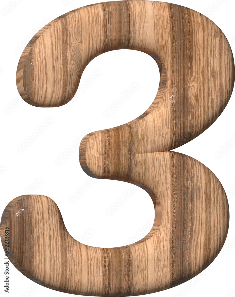 Wooden number 3 on a white background. 3d rendered digit three with brown wood texture. 3d illustration. 3d rendering Wooden number 3 on a white background. 3d rendered digit three with brown wood texture. 3d illustration. 3d rendering