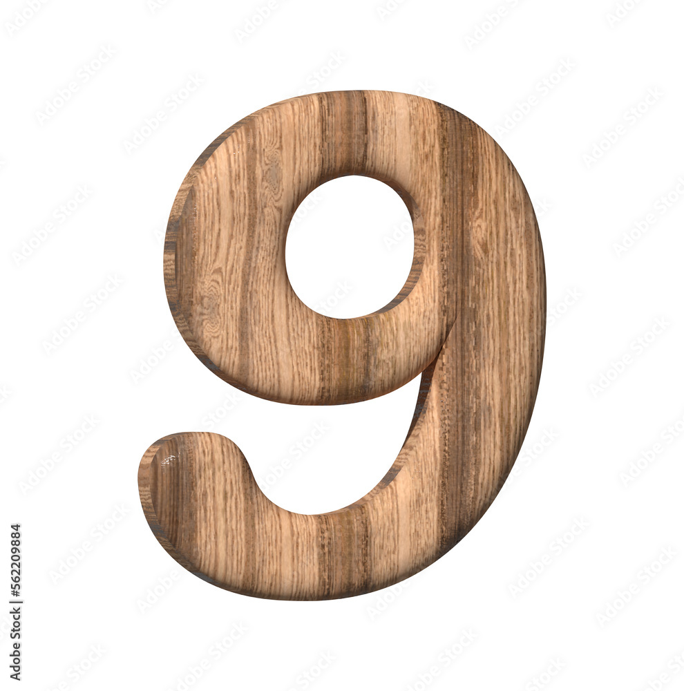 Wooden number 9 on a white background. 3d rendered digit nine with brown wood texture. 3d illustration. 3d rendering Wooden number 9 on a white background. 3d rendered digit nine with brown wood texture. 3d illustration. 3d rendering
