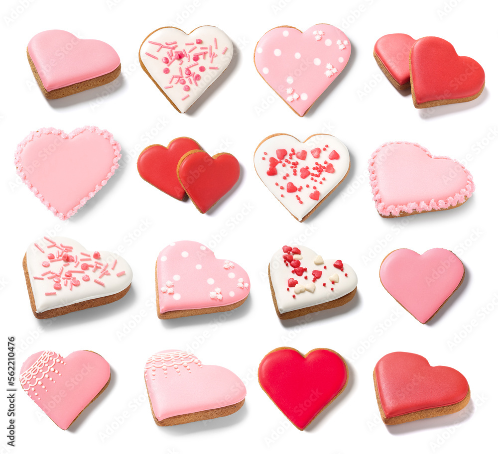 Set of delicious heart-shaped cookies for Valentine's Day on white background Set of delicious heart-shaped cookies for Valentine's Day on white background