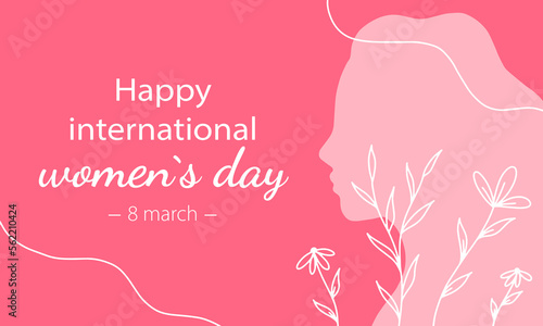 International Women s Day March 8th celebration. Vector illustration banner with woman silhouette and flowers in pink colors
