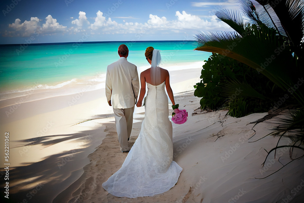 Braut und Bräutigam von hinten spazieren frisch verheiratet an einem traumhaft schönen Strand entlang - Ai generiert Braut und Bräutigam von hinten spazieren frisch verheiratet an einem traumhaft schönen Strand entlang - Ai generiert