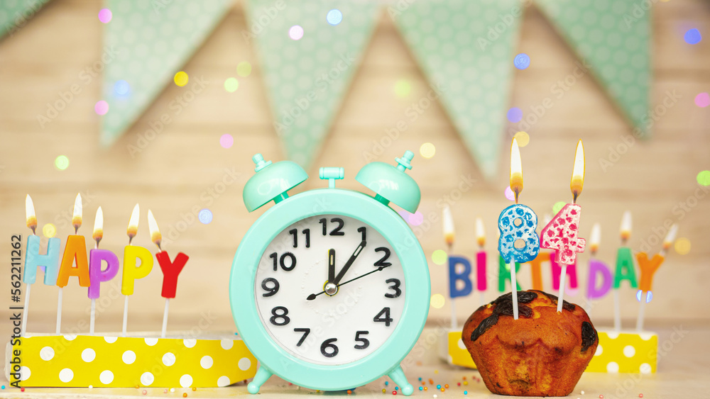 Happy birthday greeting card with muffin pie and retro clock on clock ...