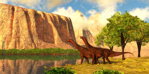 Mierasaurus Valley - A massive plateau overlooks a luscious valley full of vegetation and two Mierasaurus sauropod dinosaurs. © Catmando