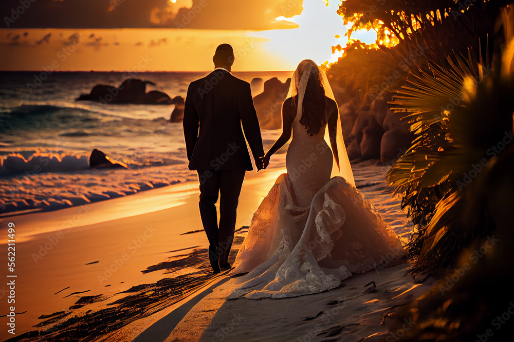 Braut und Bräutigam spazieren im Sonnenuntergang an einem traumhaft schönen Strand entlang - Ai generiert