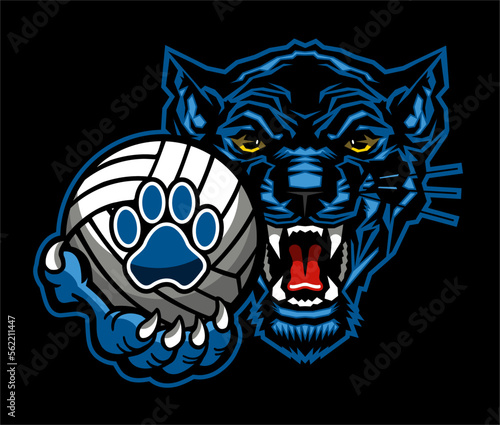 panther mascot holding volleyball for school, college or league sports