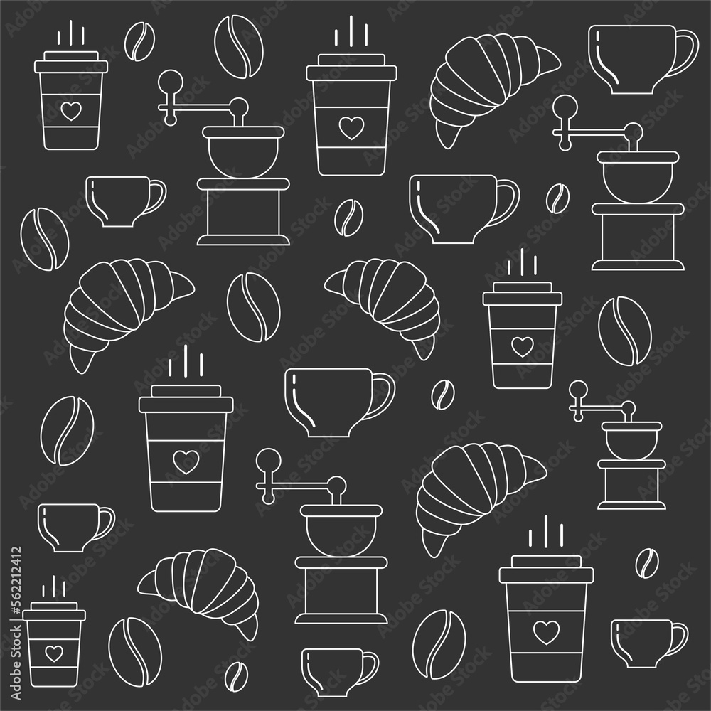 Seamless pattern with coffee, coffee cups, coffee beans and croissants, drawing on a black background. Drink and pastry