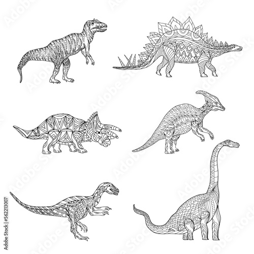 Hand drawn ceratosaurus, stegosaurus, parasaurolophus, janenschia, velociraptor, triceratops. Coloring book page antistress for adult and child. Prehistoric doodle dinosaur. Vector sketch illustration