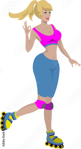 A young girl is rollerblading. She rests and plays sports. She is smiling and happy.