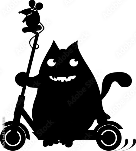A little cheerful mouse rides an electric scooter with a big pink cat. They are smiling. They're happy. Cartoon. Silhouette.