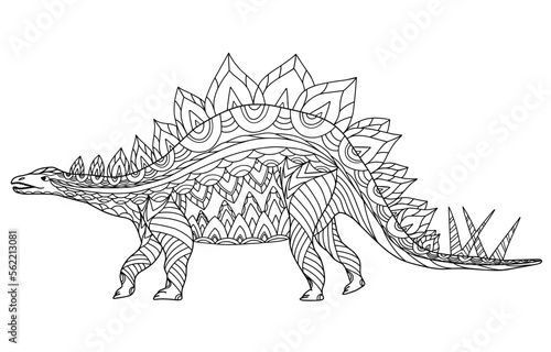 Hand drawn dinosaur stegosaurus armatus. Coloring book page antistress for adults and children. Prehistoric doodle cartoon animal. Vector outline sketch illustration isolated on white background