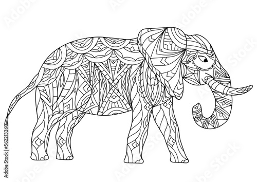 Hand drawn stylized elephant. Coloring book page antistress with walking elephant for adults and children. Cute doodle cartoon animal. Vector outline sketch illustration isolated on white background