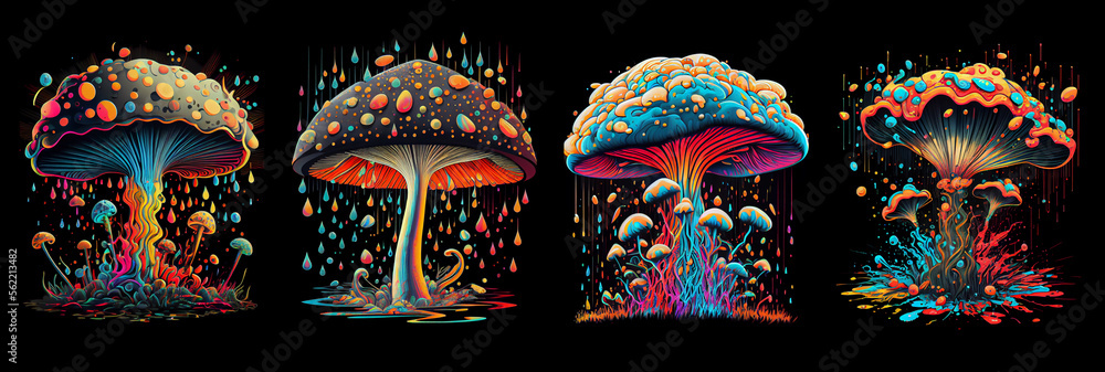 Set of psychedelic dripping mushrooms. Generative AI.