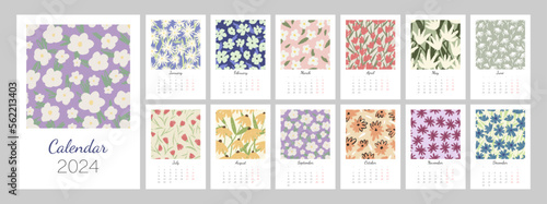 Floral calendar template for 2024. Vertical design with bright colorful flowers and leaves. Editable illustration page template A4, A3, set of 12 months with cover. Vector mesh. Week starts on Monday.