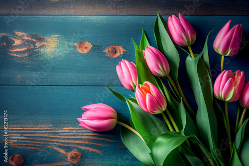 Wunderschöne rosa Tulpen auf Hintergrund mit Platzhalter. Perfekter Hintergrund für den Frühling, Valentinstag, Ostern, Geburtstag, Hochzeit, Muttertag und Weltfrauentag - Ai generiert photo