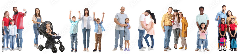 Collage of happy families on white background Collage of happy families on white background