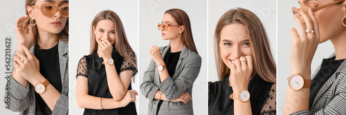 Collage of pretty young woman with stylish wristwatch on light background