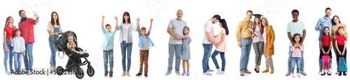 Collage of happy families on white background
