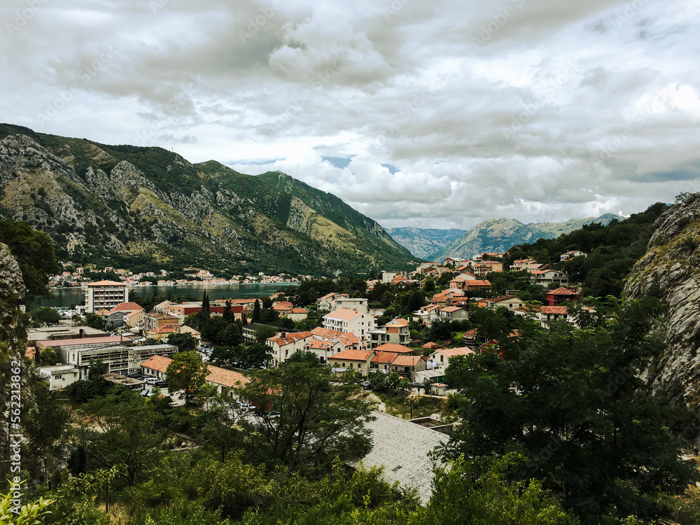 Views overlooking the city streets and waterfront of Kotor Montenegro in a european summer