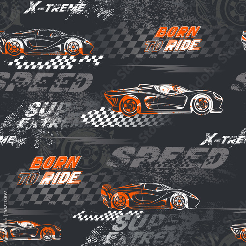 Abstract seamless pattern with sport car. Grunge repeat print with slrace auto illustration. Automotive cover ornament worth chequered flag