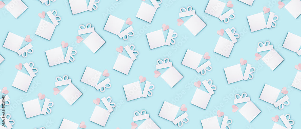 White paper gift boxes with hearts on blue background. Pattern for design White paper gift boxes with hearts on blue background. Pattern for design