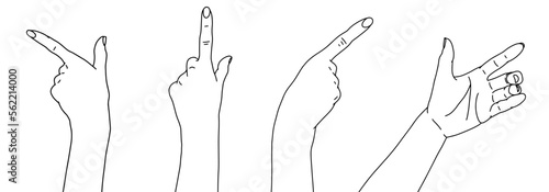 Set of linear hands showing direction. Black and white gesturing hands. Forefinger sign. Open hand
