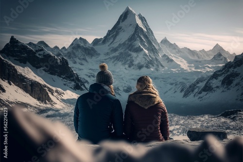 couple sitting at the top of a snow mountain, destination, vacation, hiking, peace, Generative AI