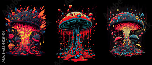 Set of psychedelic dripping mushrooms. Generative AI..