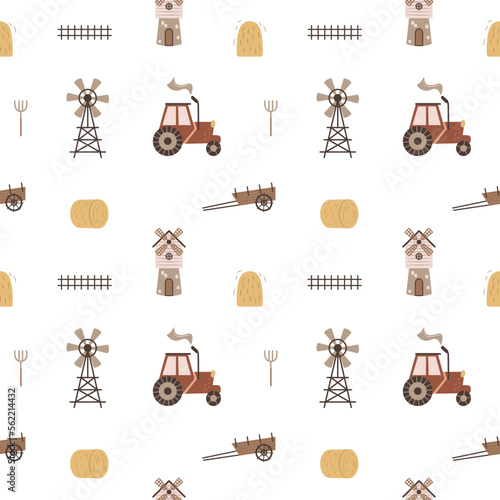 Cute seamless pattern with farm items in scandinavian style. Cartoon print for wallpaper and bedding to design a nursery, playroom or children's bedroom. Background for board game.