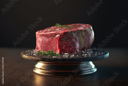 Fototapeta Raw rib eye beef steak with pepper and herbs on a wooden background