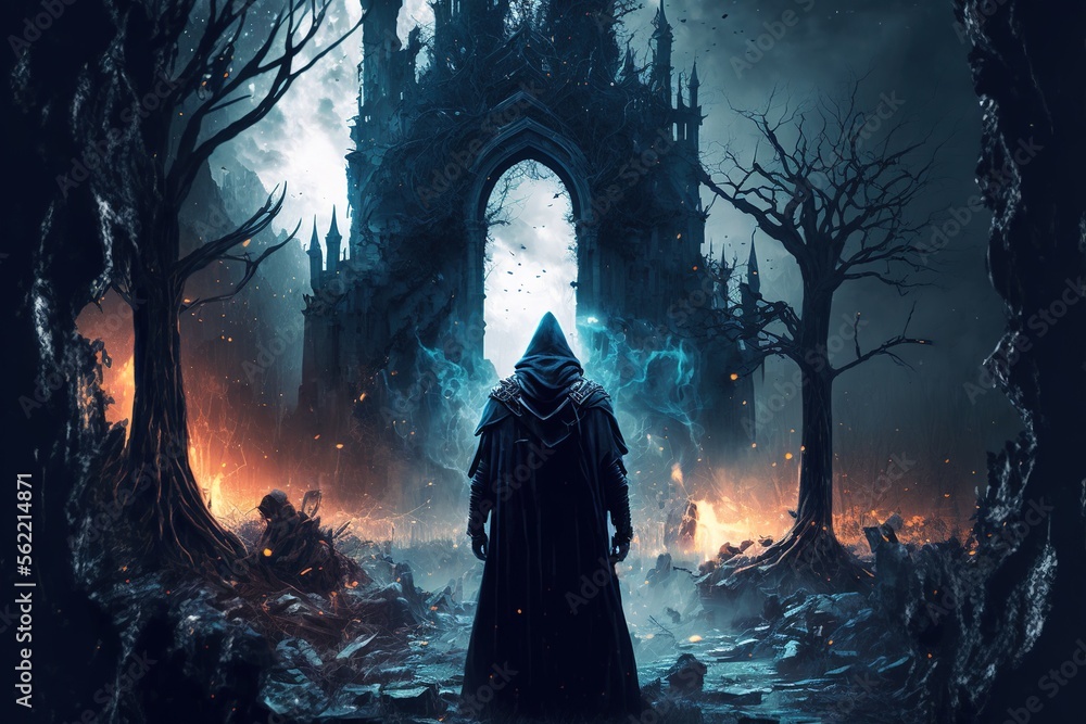 Black robe magician summoning huge black energy, ruined castle in the background, medieval fantasy. - obrazy, fototapety, plakaty 