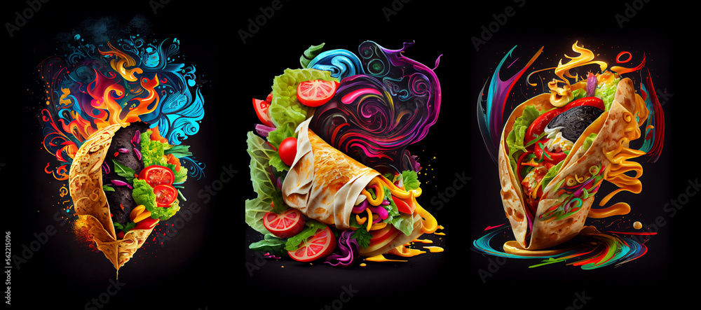Set of cartoon doner kebab, wrap, shawarma. AI generative.. - obrazy, fototapety, plakaty 