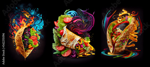 Set of cartoon doner kebab, wrap, shawarma. AI generative.. photo