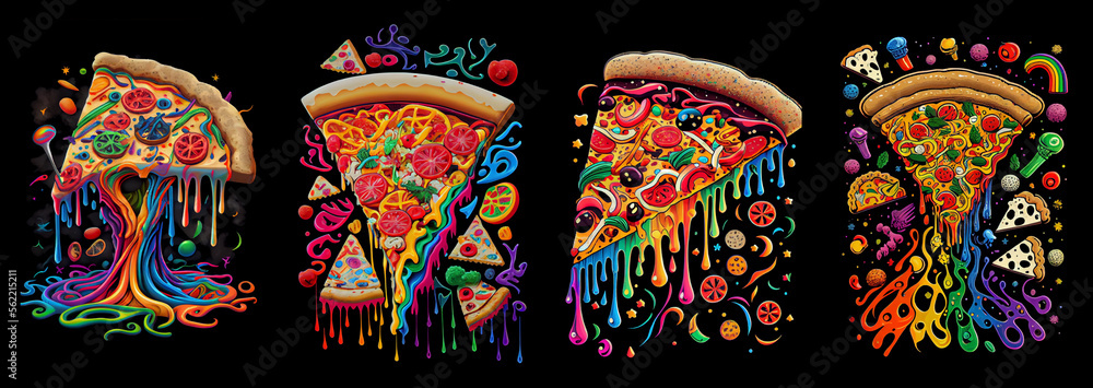 Set of cartoon pizza slices with dripping cheese. Generative AI.