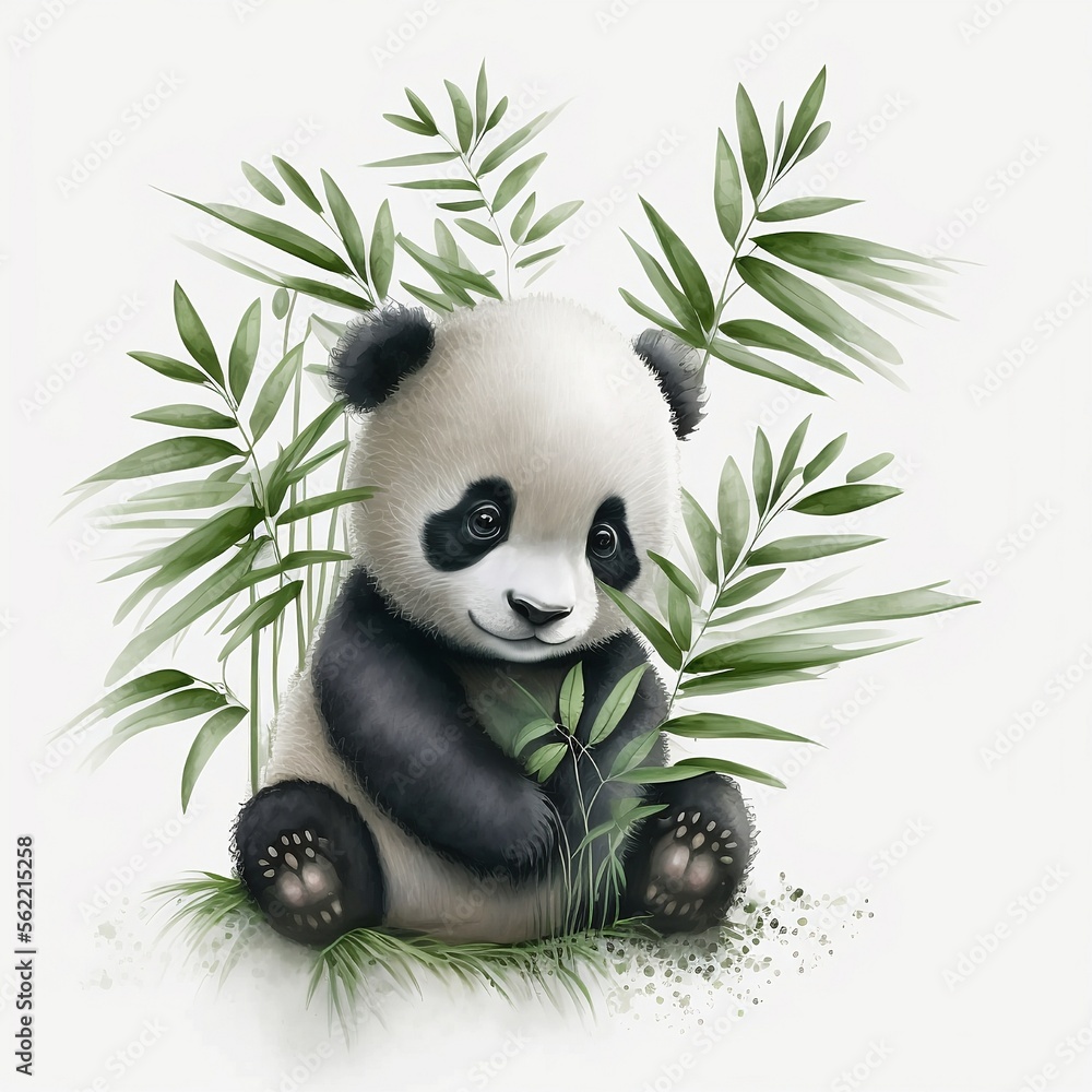 Cute little baby Panda playing with bamboo on white background ...