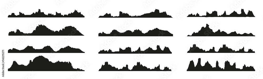 Mountains silhouettes on the white background. Wide semi-detailed panoramic silhouettes of highlands, mountains and rocky landscapes. Isolated Row of Mountains in Vector Mountains silhouettes on the white background. Wide semi-detailed panoramic silhouettes of highlands, mountains and rocky landscapes. Isolated Row of Mountains in Vector
