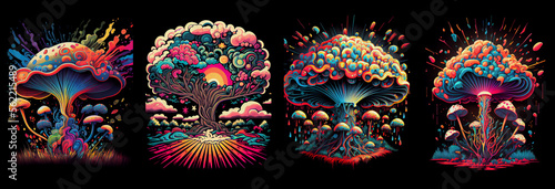 Set of psychedelic cartoon nuclear explosion. Generative AI.. photo