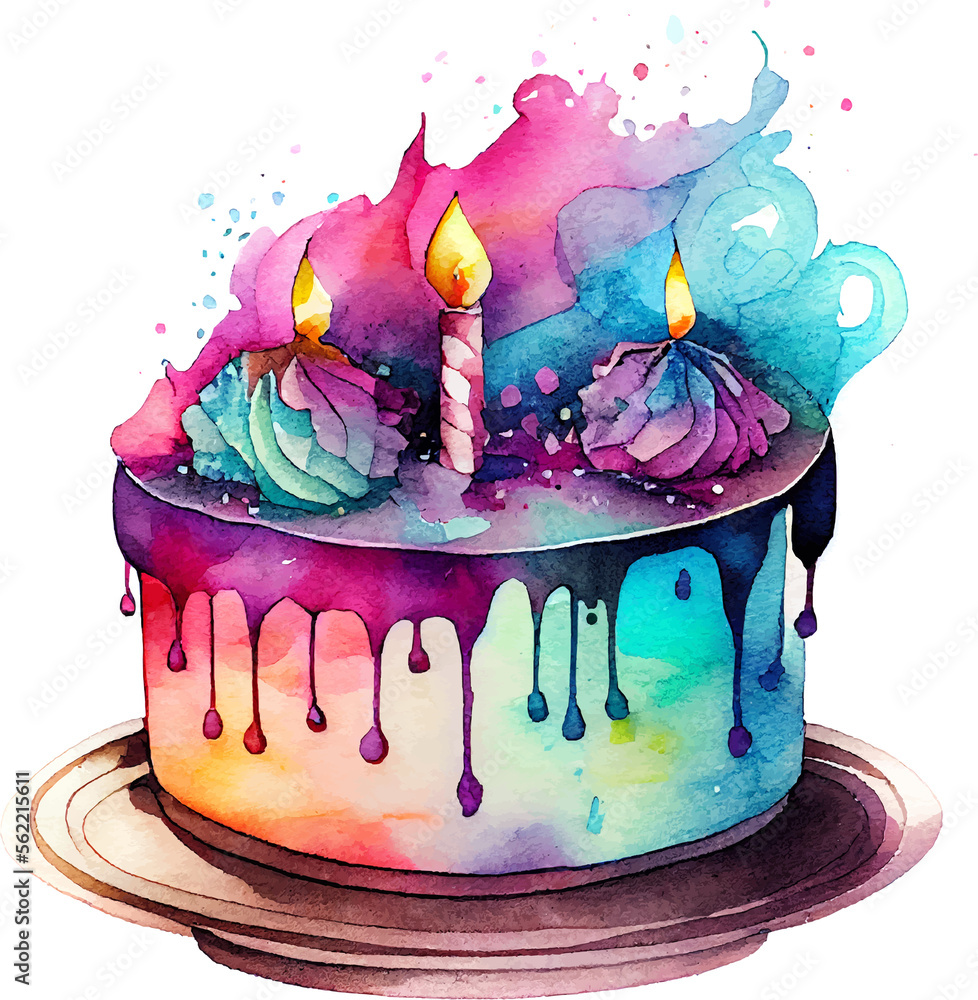 Cute Watercolor Birthday Cake with Candles Illustration Generative AI ...