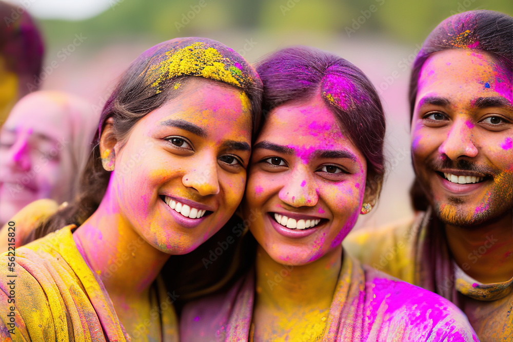 Fototapeta premium Multi ethnic young people covered in colorful powder dancing and celebrating holi festival
