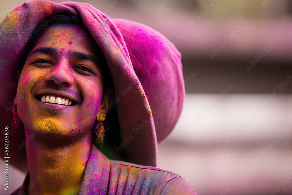 Young man covered in colorful powder celebrating holi festival Young man covered in colorful powder celebrating holi festival