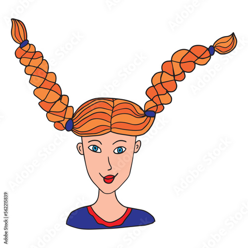 Happy doodle teenager girl with red hair in pigtails isolated on white background. Pippi Longstocking from the fairytale,  portrait.