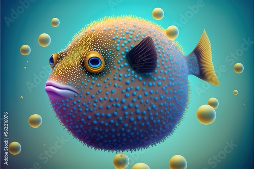 Cute colored pufferfish on blue water background photo