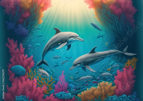 Two dolphins illustration in coral reef generative AI