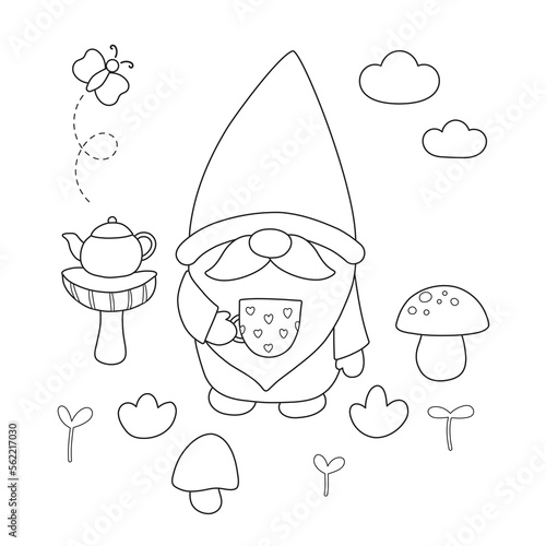 Coloring page with gnome, mushrooms, plants, butterfly, tea cup and pot. Outline cartoon characters. Fairy tale. Doodle style. Coloring book for kids. Black and white vector illustration.