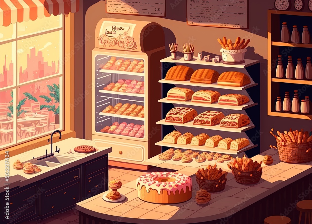 pastries, breads, and cakes displayed on display cases and shelves ...