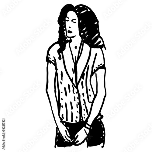 Portrait of a sulky sad woman with folded hands wearing shirt. Brunette lady. Hand drawn linear doodle rough sketch. Black silhouette on white background.