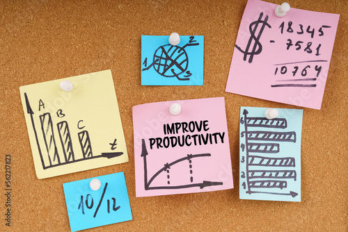 On the board are stickers with graphs and diagrams and the inscription - Improve Productivity