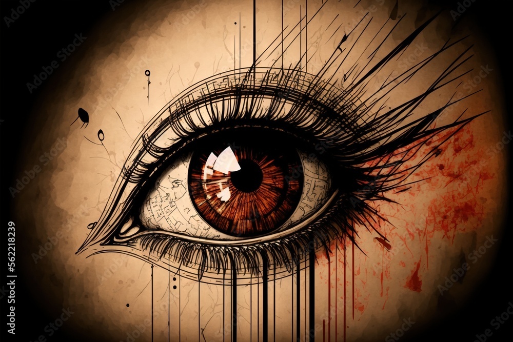a drawing of a human eye with blood dripping down the side of it and a