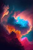 Abstract sky of colorful neon clouds, sunbeams shine through, illustration made with Generative AI
