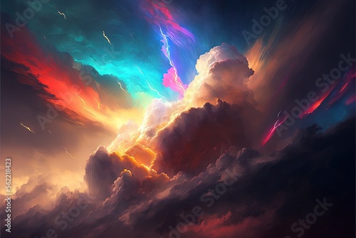 Abstract sky of colorful neon clouds, sunbeams shine through, illustration made with Generative AI 